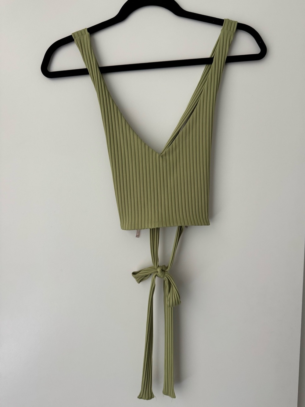 Ribbed V-Neck Tie-Back Crop Top - Sage Green